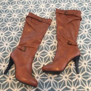 Knee length Brown leather boots high heel